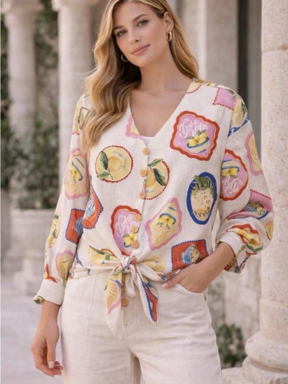 Joie Cream Lemon Print Tie Front Blouse, Multicolor Floral Accents, Size Medium - Picture 3 of 12